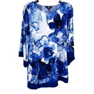 Slim Factor Investments Blue Floral Print Shirt Womens Plus Size 1X Artsy